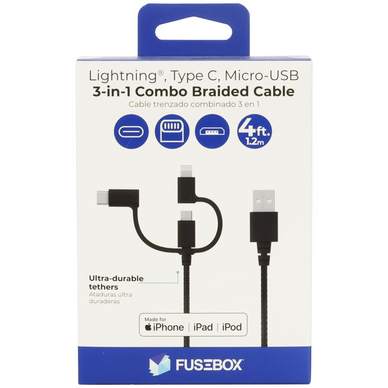 FUSEBOX - Fusebox Black Braided USB Cable For Apple iPod, iPhone, iPad 4 ft. L