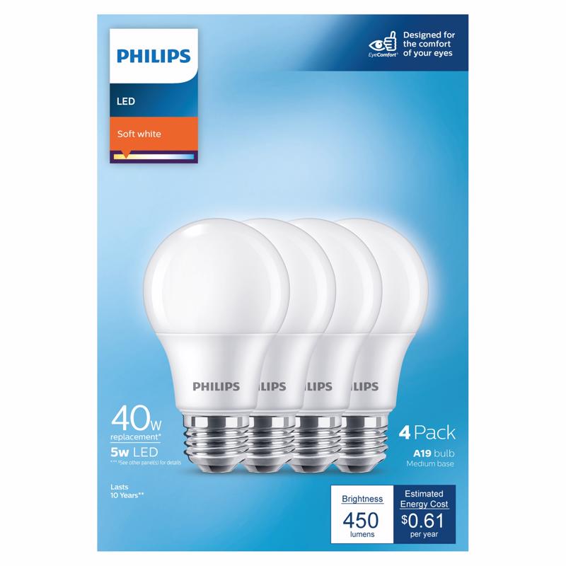 PHILIPS - Philips A19 E26 (Medium) LED Bulb Soft White 40 Watt Equivalence 4 pk [575829]