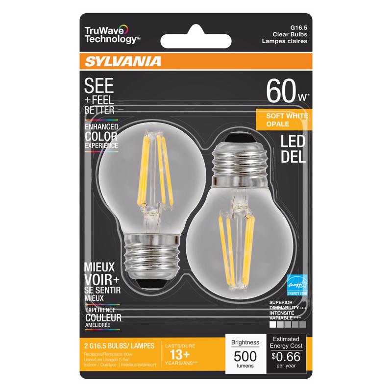 SYLVANIA - Sylvania Truwave G16.5 E26 (Medium) LED Bulb Soft White 60 Watt Equivalence 2 pk