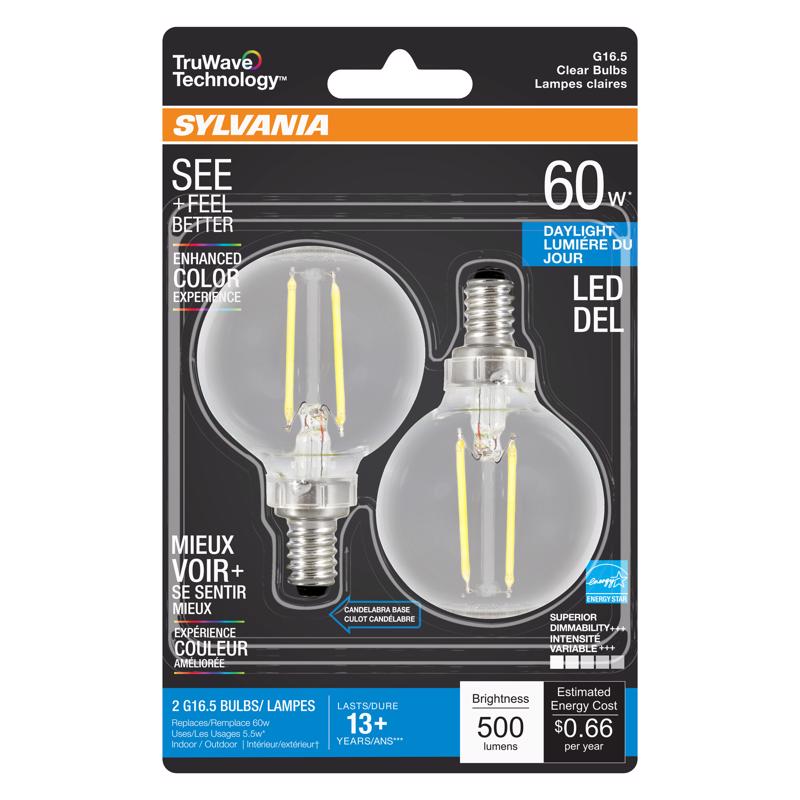 SYLVANIA - Sylvania Truwave G16.5 E12 (Candelabra) LED Bulb Daylight 60 Watt Equivalence 2 pk