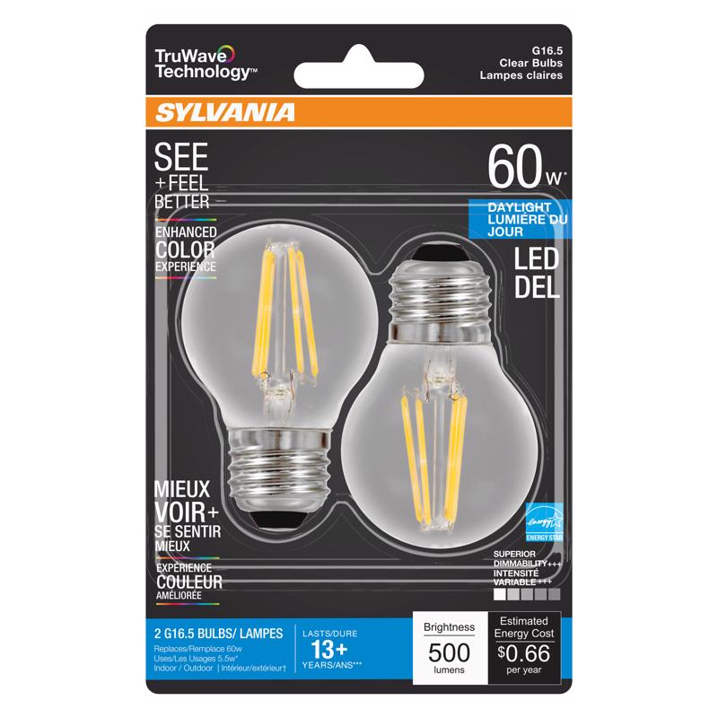 SYLVANIA - Sylvania Truwave G16.5 E26 (Medium) LED Bulb Daylight 60 Watt Equivalence 2 pk