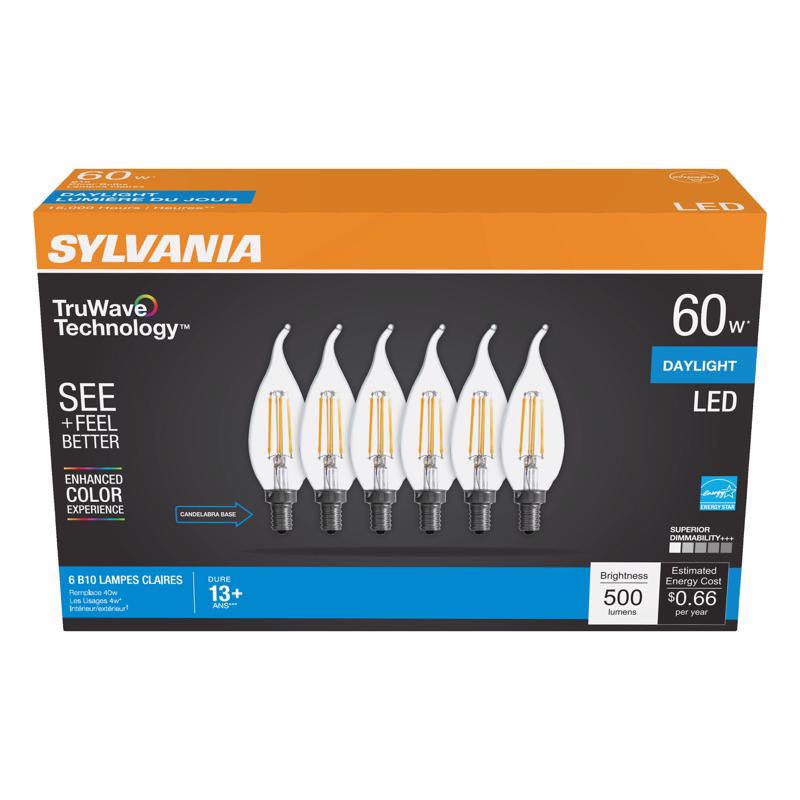 SYLVANIA - Sylvania Truwave B10 E12 (Candelabra) LED Bulb Daylight 60 Watt Equivalence 6 pk