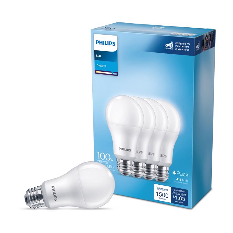 PHILIPS - Philips A19 E26 (Medium) LED Bulb Daylight 100 Watt Equivalence 4 pk