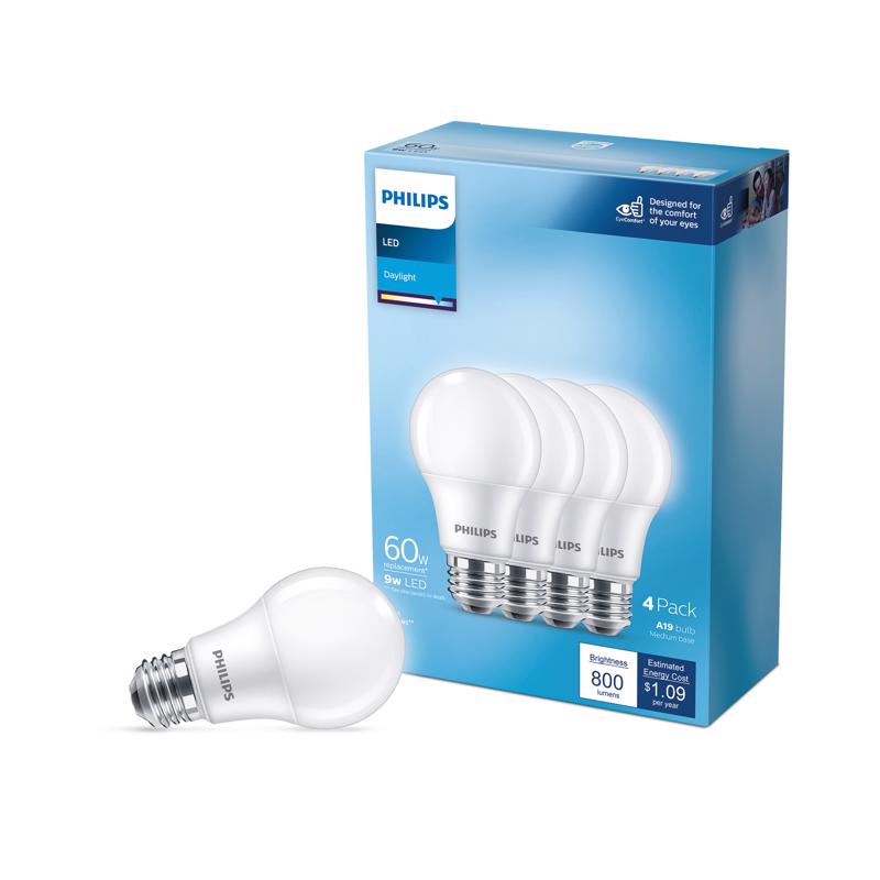 PHILIPS - Philips A19 E26 (Medium) LED Bulb Daylight 60 Watt Equivalence 4 pk [565481]