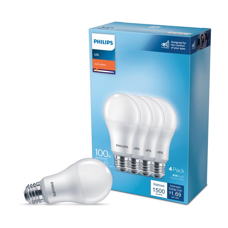 PHILIPS - Philips A19 E26 (Medium) LED Bulb Soft White 100 Watt Equivalence 4 pk [565408]