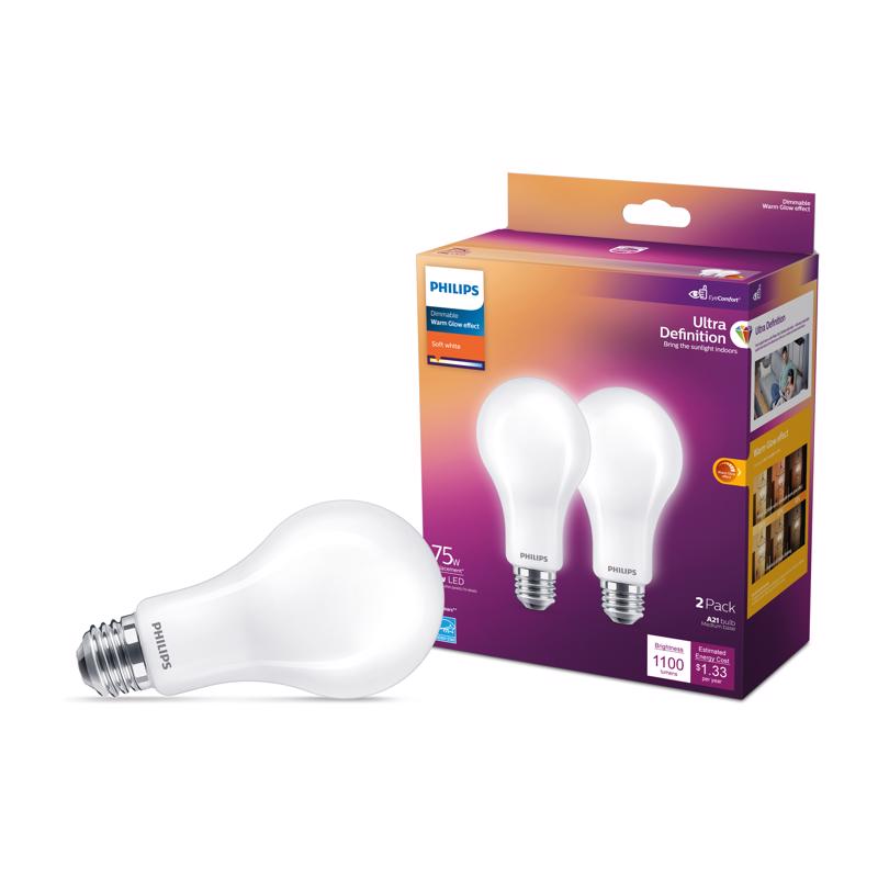 PHILIPS - Philips A21 E26 (Medium) LED Bulb Soft White 75 Watt Equivalence 2 pk