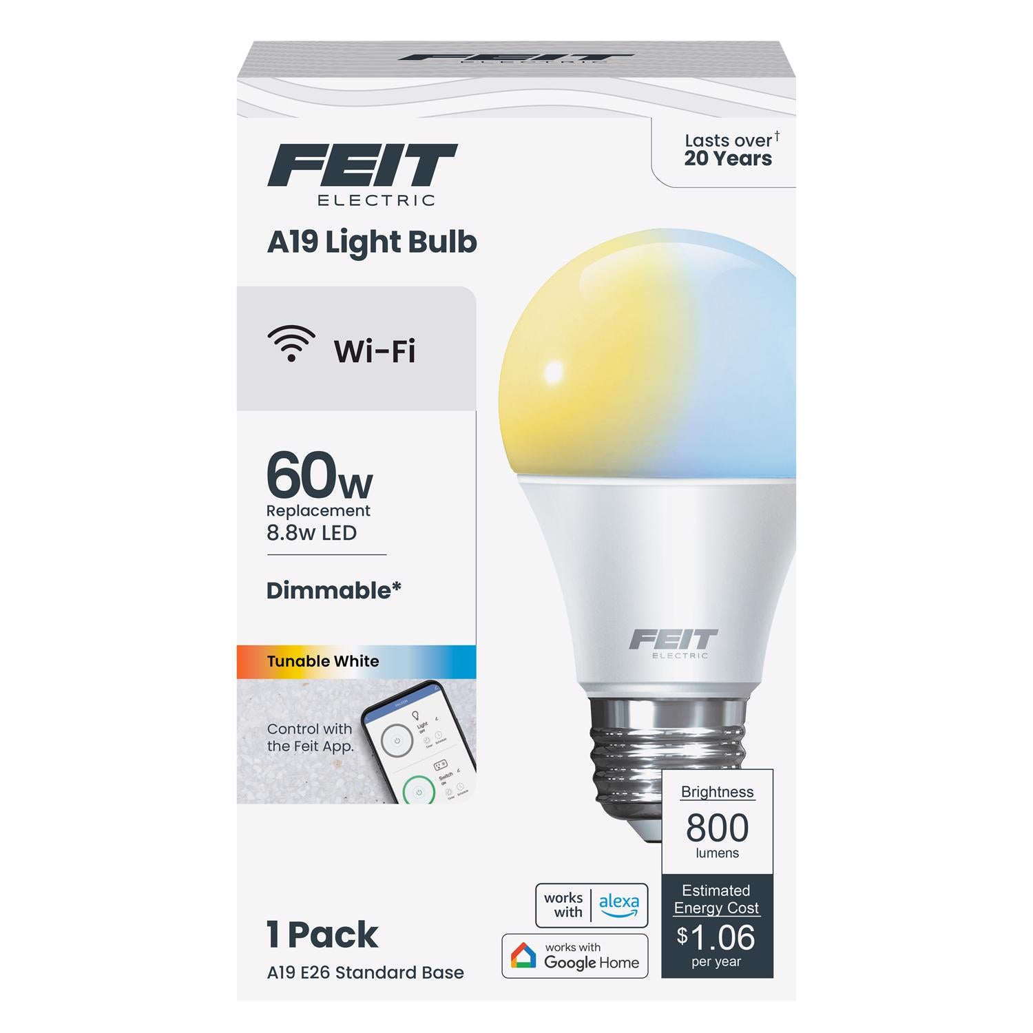 Feit A19 E26 (Medium) Smart-Enabled LED Bulb Adjustable White 60 Watt Equivalence 1 pk
