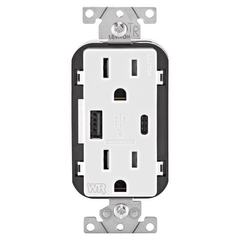 LEVITON - Leviton 15 amps 125 V USB White Outlet and USB Charger 5-15 R 1 pk
