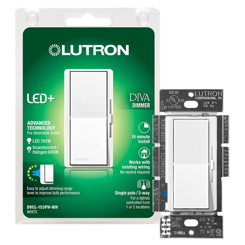 LUTRON - Lutron Diva White 150 W Rocker Dimmer/Paddle Switch 1 pk