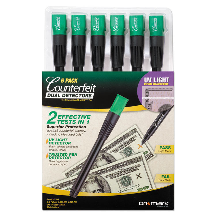 Dri-Mark - Counterfeit Money Detection System, UV Light; Watermark Detector; Color Change Ink, U.S. Currency, 0.8 x 0.8 x 6, Black/Green