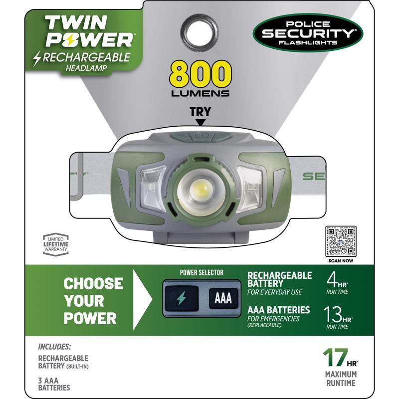 POLICE SECURITY - Police Security Twin Power 800 lm Gray/Green LED Head Lamp AAA Battery