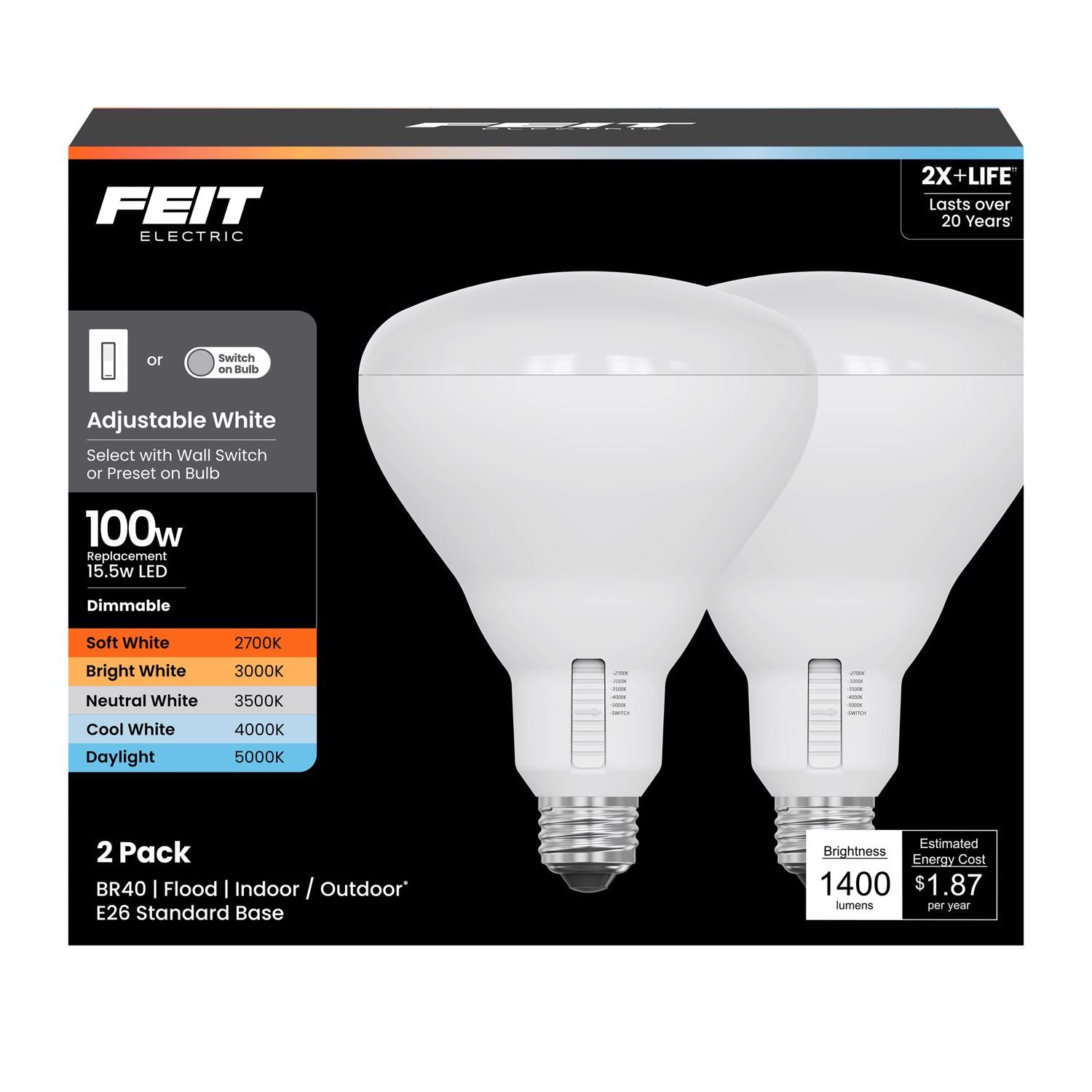 Feit BR40 E26 (Medium) LED Bulb Adjustable White 100 Watt Equivalence 2 pk