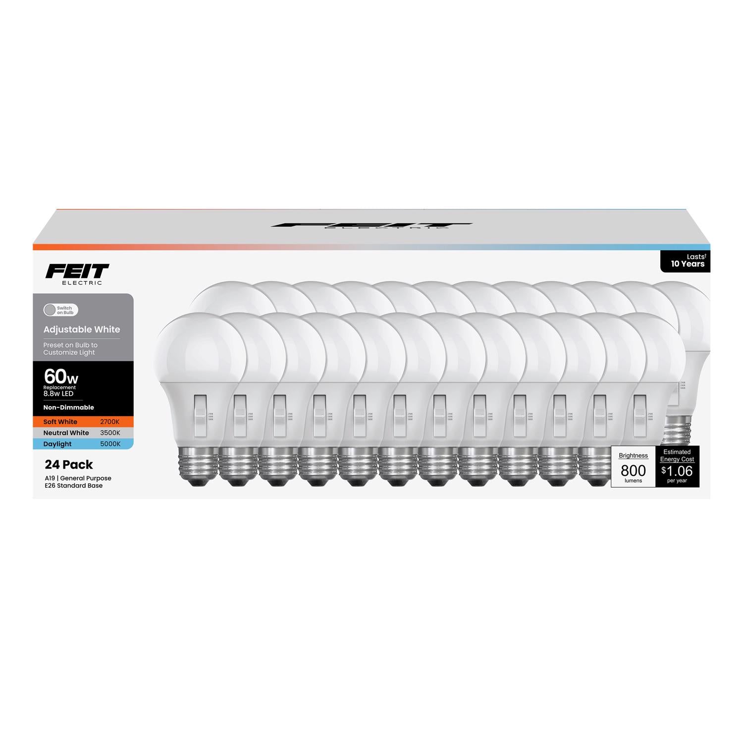 Feit A19 E26 (Medium) LED Bulb Adjustable White 60 Watt Equivalence 24 pk - Case of 2