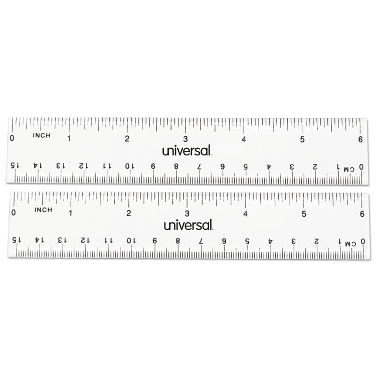 Universal - Clear Plastic Ruler, Standard/Metric, 6" Long, Clear, 2/Pack