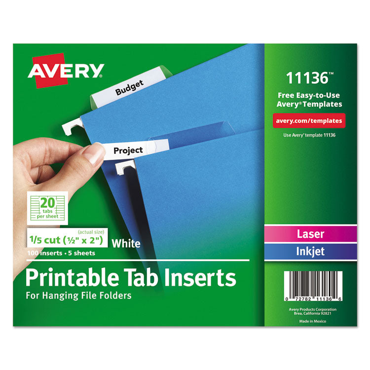 Avery - Tabs Inserts For Hanging File Folders, 1/5-Cut, White, 2" Wide, 100/Pack