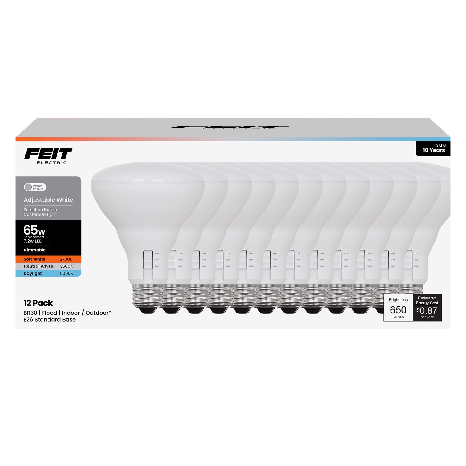 Feit BR30 E26 (Medium) LED Bulb Adjustable White 60 Watt Equivalence 12 pk