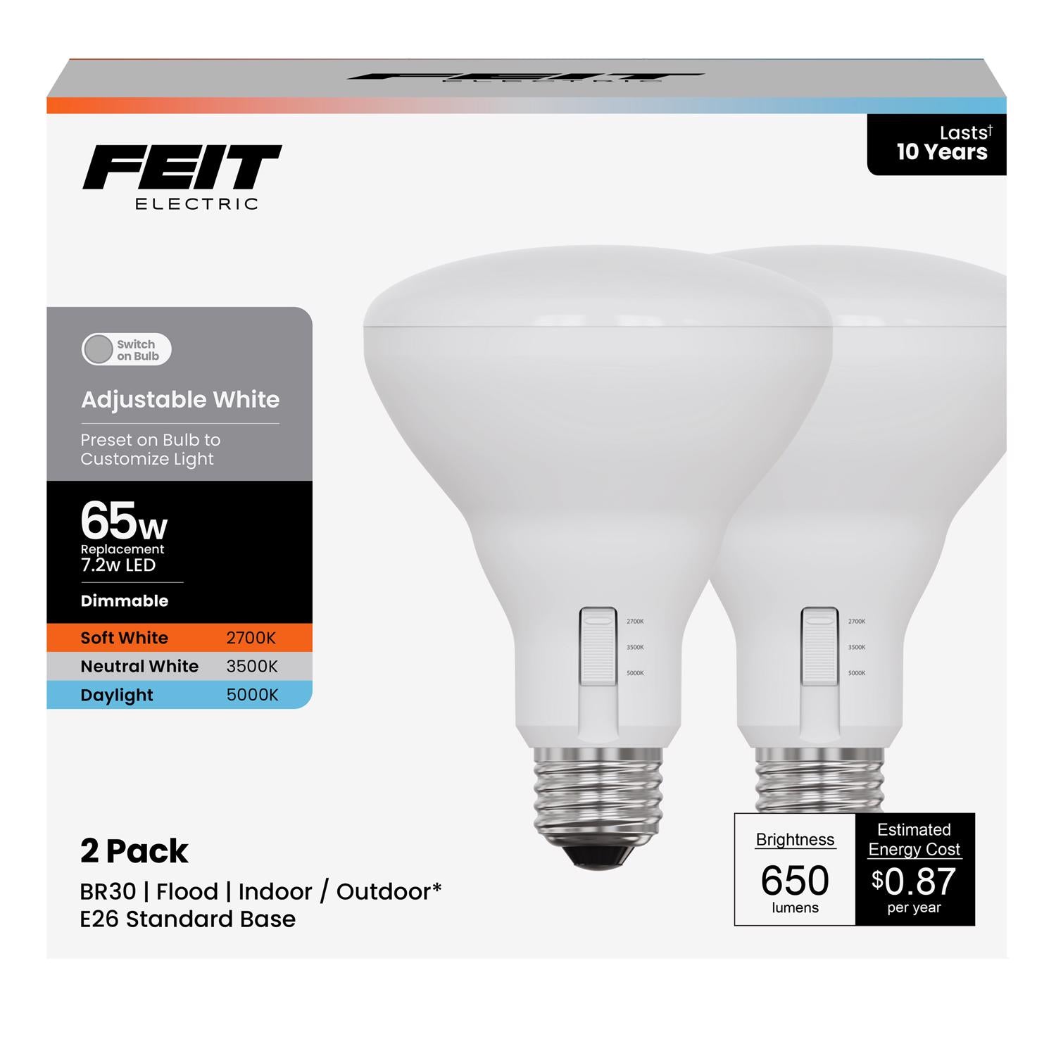 Feit BR30 E26 (Medium) LED Bulb Adjustable White 65 Watt Equivalence 2 pk