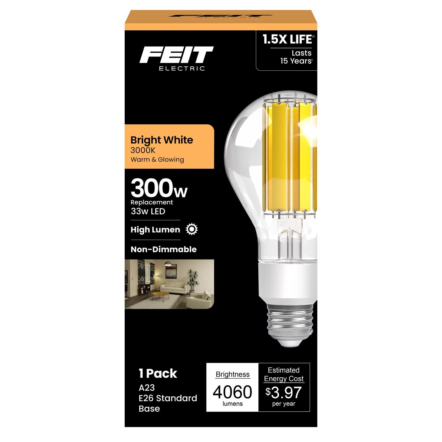 Feit A23 E26 (Medium) Filament LED Bulb Bright White 300 Watt Equivalence 1 pk