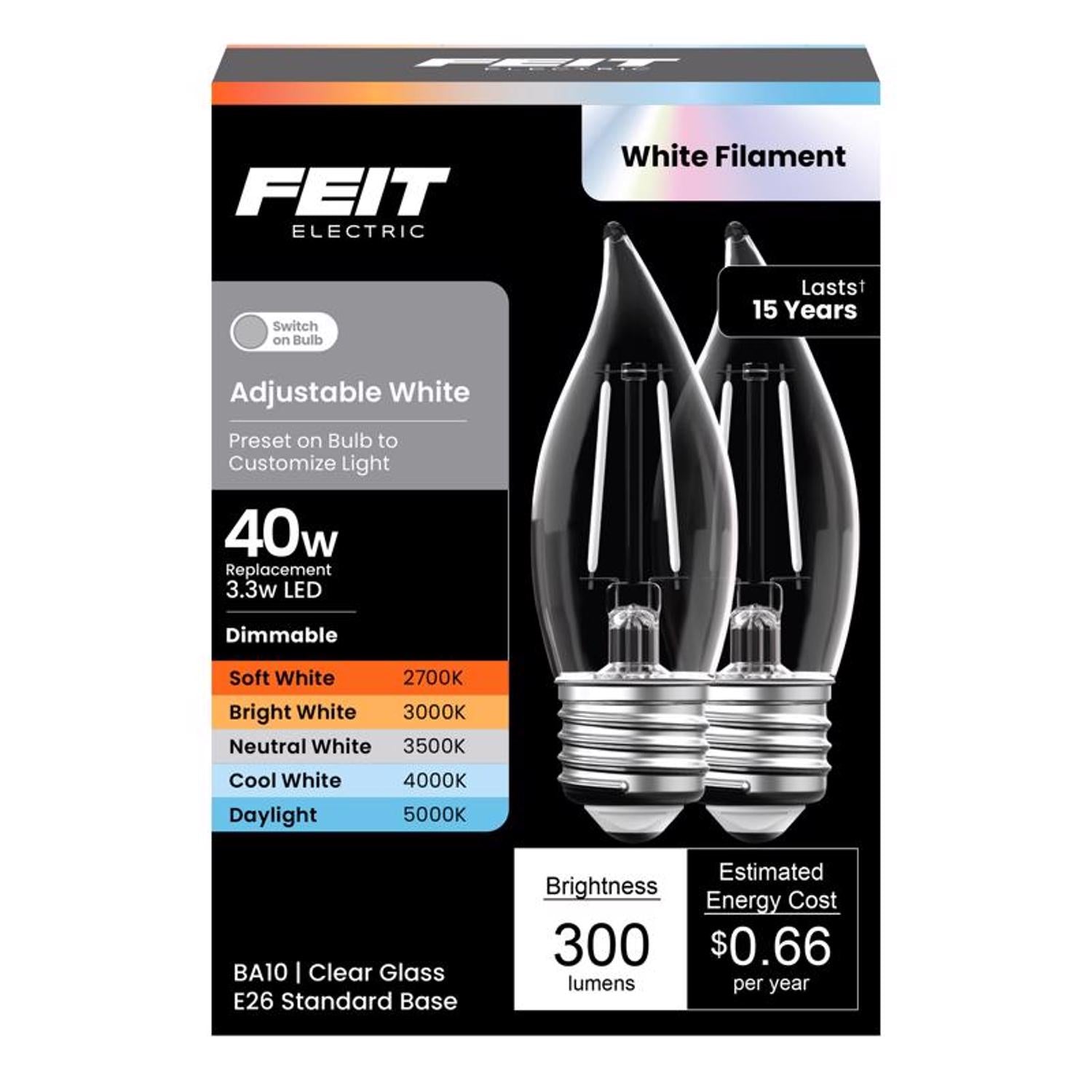 Feit BA10 E26 (Medium) LED Bulb Adjustable White 40 Watt Equivalence 2 pk