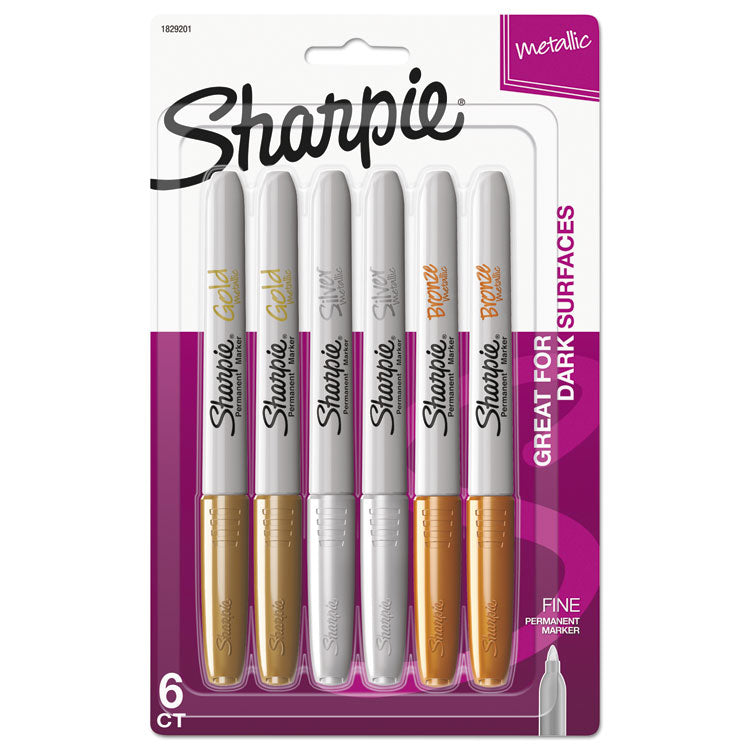 Sharpie - Metallic Fine Point Permanent Markers, Fine Bullet Tip, Gold-Silver-Bronze, 6/Pack