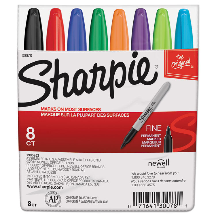 Sharpie - Fine Tip Permanent Marker, Fine Bullet Tip, Assorted Colors, 8/Set