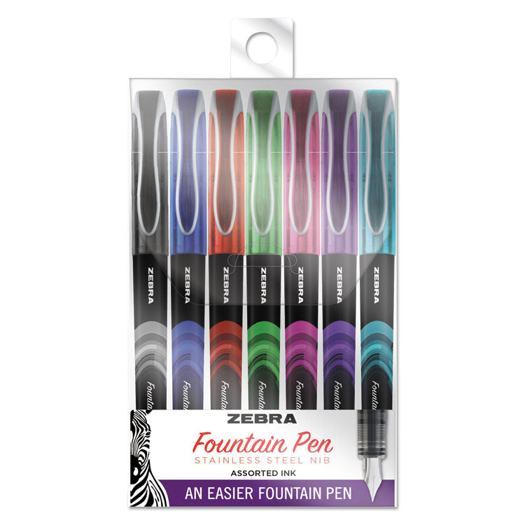 Zebra - Fountain Pen, Fine 0.6 mm, Assorted Ink Colors, Assorted, 7/Pack