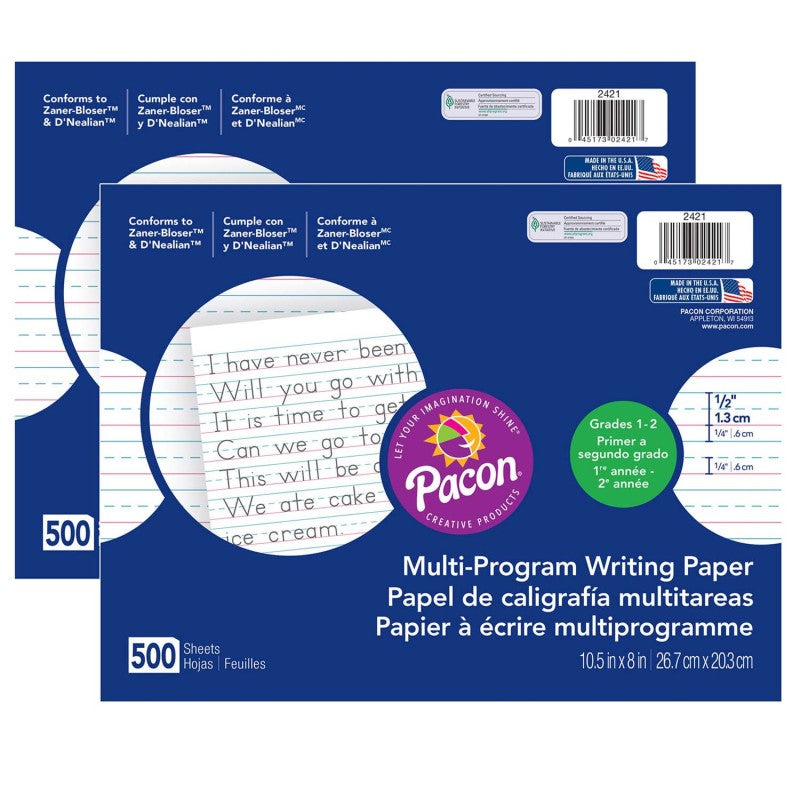 PACON - Multi-Program Handwriting Paper, 1/2" Ruled (Long Way), White, 10-1/2" x 8", 500 Sheets Per Pack, 2 Packs