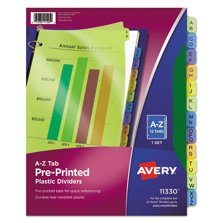 Avery - Durable Preprinted Plastic Tab Dividers, 12-Tab, A to Z, 11 x 8.5, Assorted, 1 Set