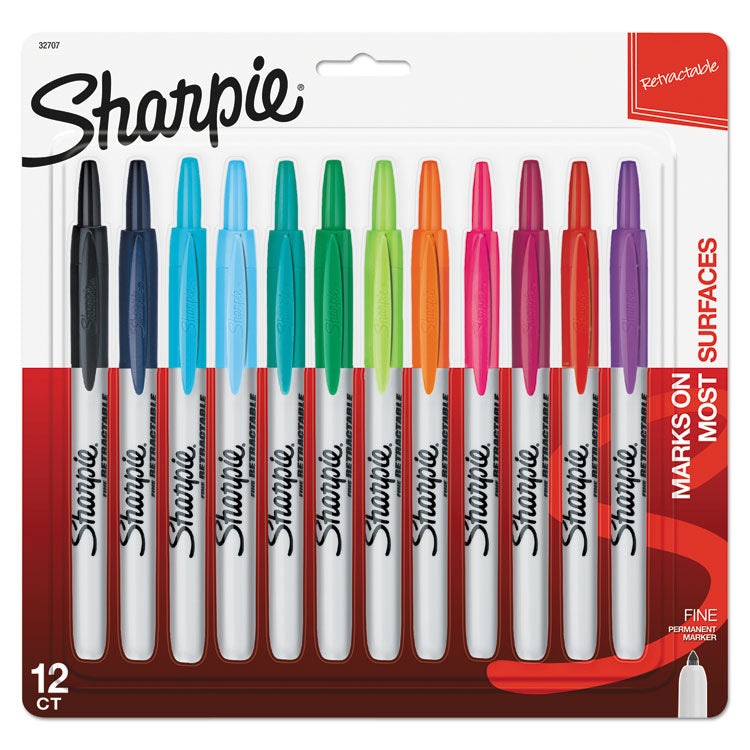 Sharpie - Retractable Permanent Marker, Fine Bullet Tip, Assorted Colors, 12/Set