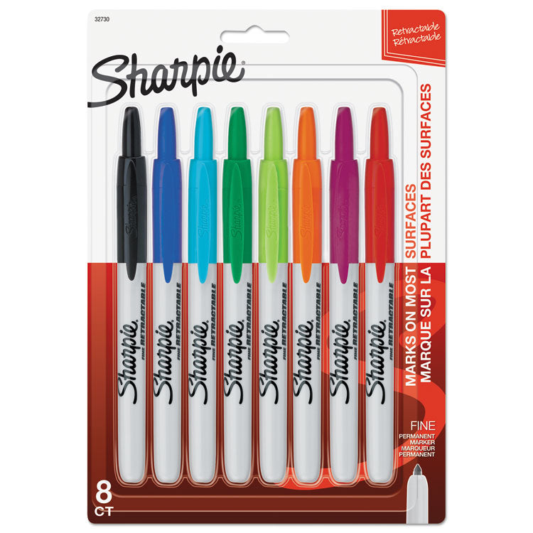 Sharpie - Retractable Permanent Marker, Fine Bullet Tip, Assorted Colors, 8/Set