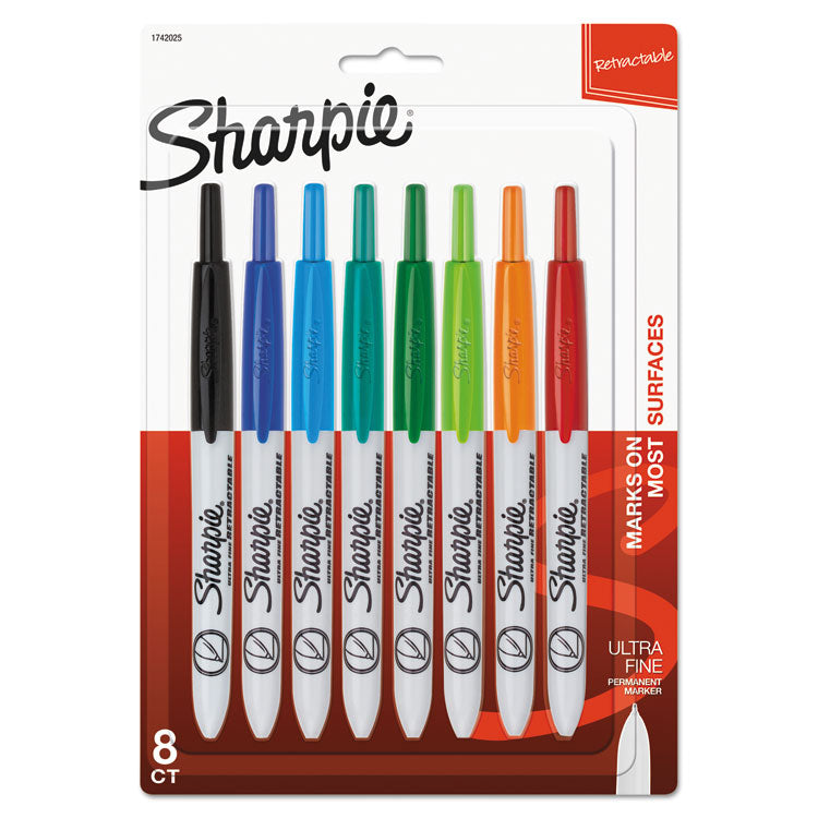 Sharpie - Retractable Permanent Marker, Extra-Fine Needle Tip, Assorted Colors, 8/Set