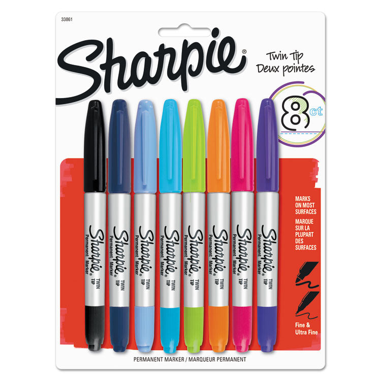 Sharpie - Twin-Tip Permanent Marker, Extra-Fine/Fine Bullet Tips, Assorted Colors, 8/Set