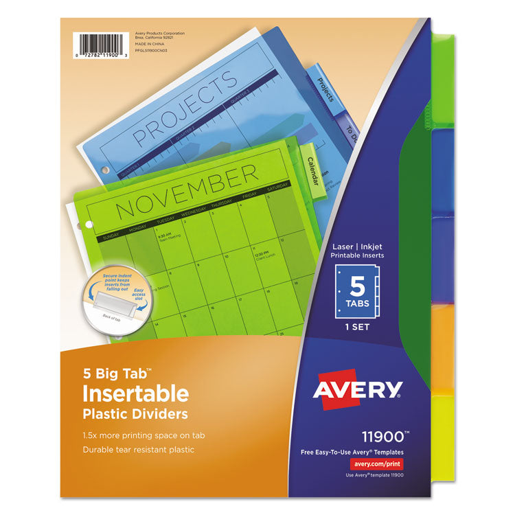 Avery - Insertable Big Tab Plastic Dividers, 5-Tab, 11 x 8.5, Assorted, 1 Set