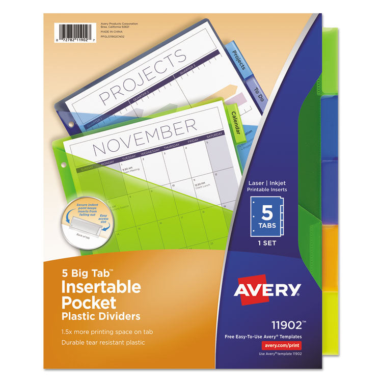 Avery - Insertable Big Tab Plastic 1-Pocket Dividers, 5-Tab, 11.13 x 9.25, Assorted, 1 Set