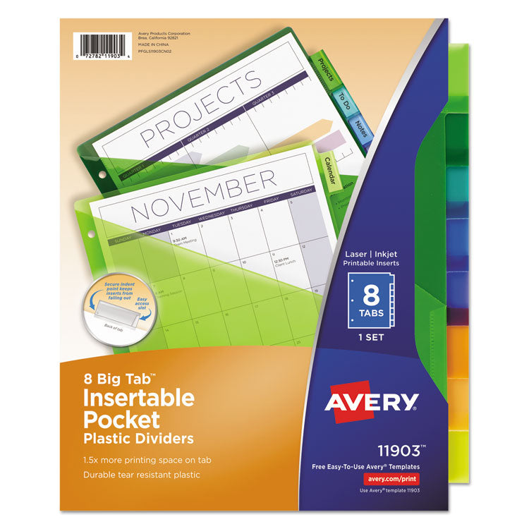 Avery - Insertable Big Tab Plastic 1-Pocket Dividers, 8-Tab, 11.13 x 9.25, Assorted, 1 Set