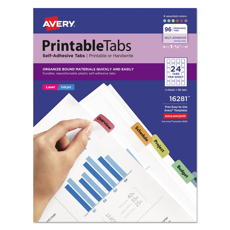 Avery - Printable Plastic Tabs with Repositionable Adhesive, 1/5-Cut, Assorted Colors, 1.25" Wide, 96/Pack