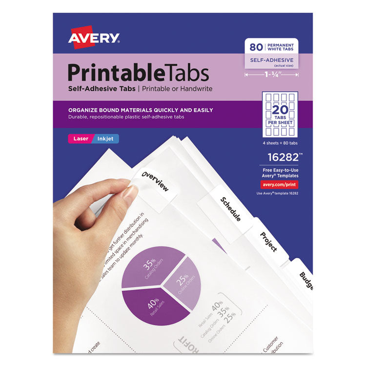 Avery - Printable Plastic Tabs with Repositionable Adhesive, 1/5-Cut, White, 1.75" Wide, 80/Pack