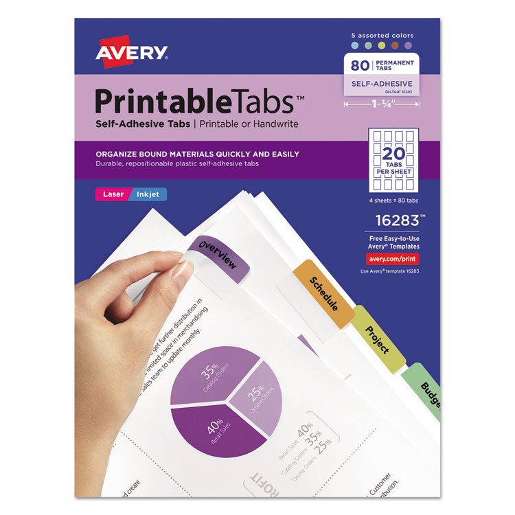 Avery - Printable Plastic Tabs with Repositionable Adhesive, 1/5-Cut, Assorted Colors, 1.75" Wide, 80/Pack