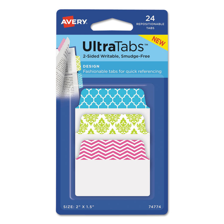 Avery - Ultra Tabs Repositionable Tabs, Fashion Patterns: 2" x 1.5", 1/5-Cut, Assorted Colors, 24/Pack