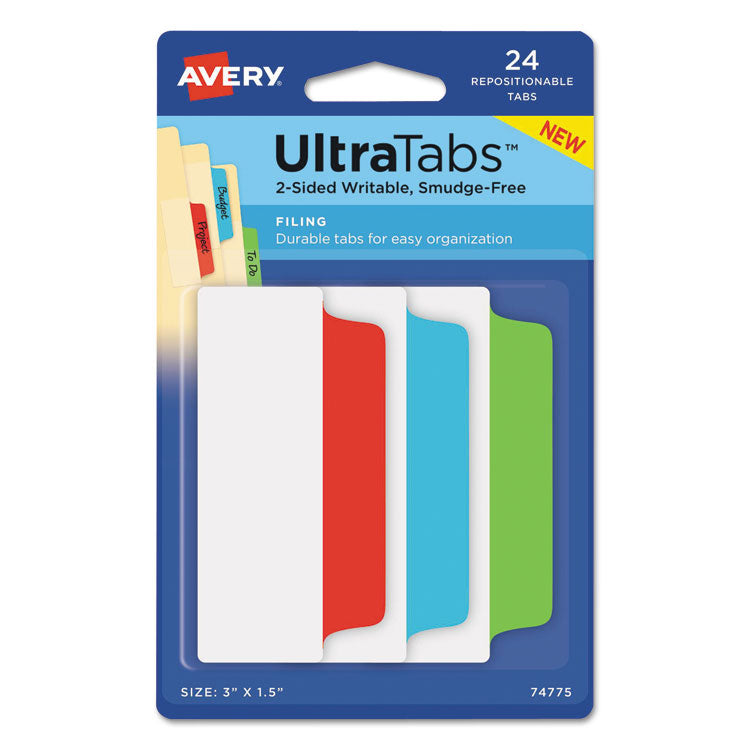 Avery - Ultra Tabs Repositionable Tabs, Wide and Slim: 3" x 1.5", 1/3-Cut, Assorted Colors, 24/Pack