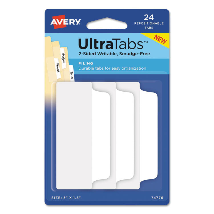 Avery - Ultra Tabs Repositionable Tabs, Wide and Slim: 3" x 1.5", 1/3-Cut, White, 24/Pack