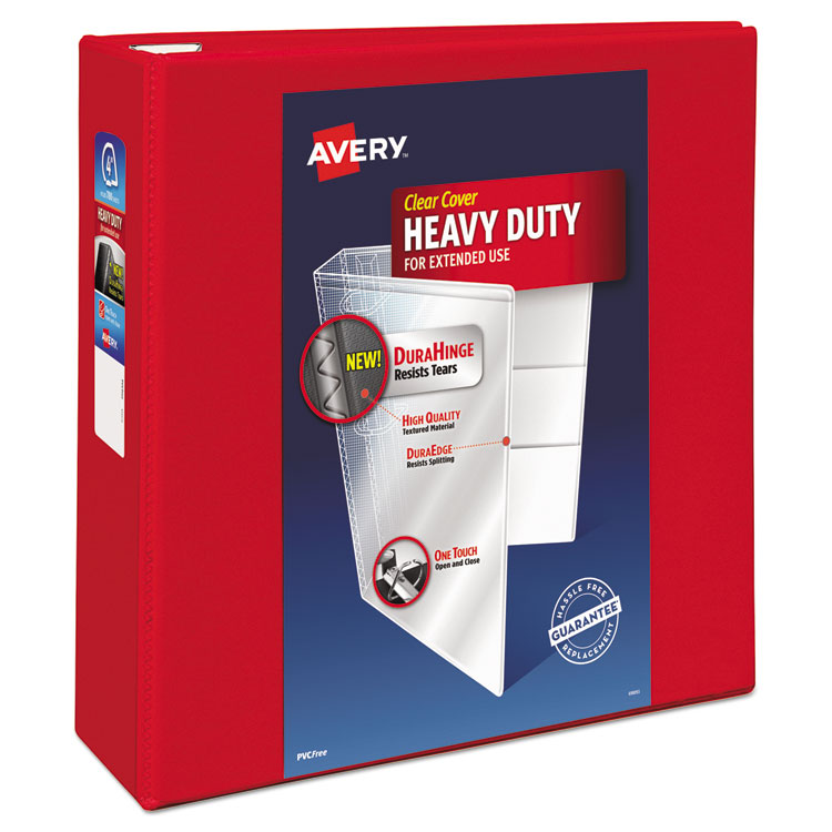 Avery - Heavy-Duty View Binder with DuraHinge and Locking One Touch EZD Rings, 3 Rings, 4" Capacity, 11 x 8.5, Red