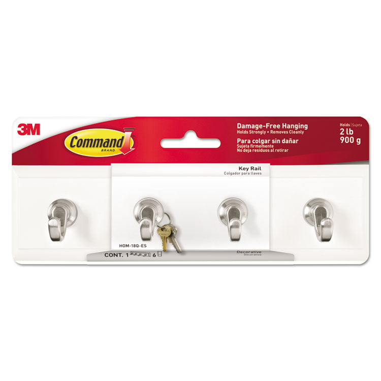 Command - Decorative Key Rail, Plastic, Quartz/Silver, 8 x 1.5 x 2.13, 4 Hooks/Pack