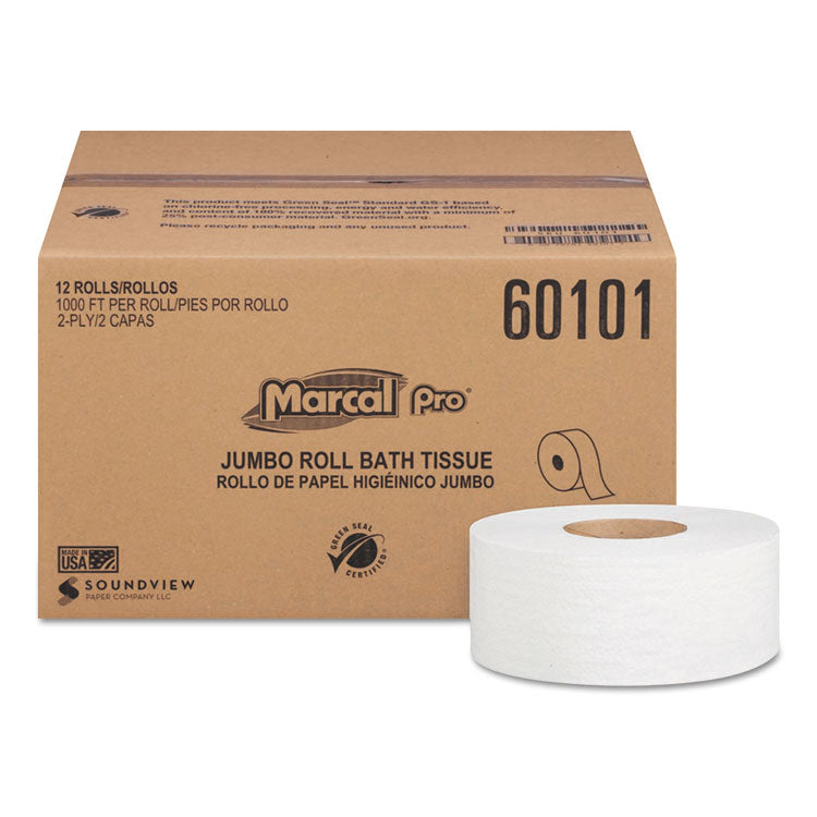 Marcal PRO - 100% Recycled Bathroom Tissue, Septic Safe, 2-Ply, White, 3.3" x 1,000 ft, 12 Rolls/Carton