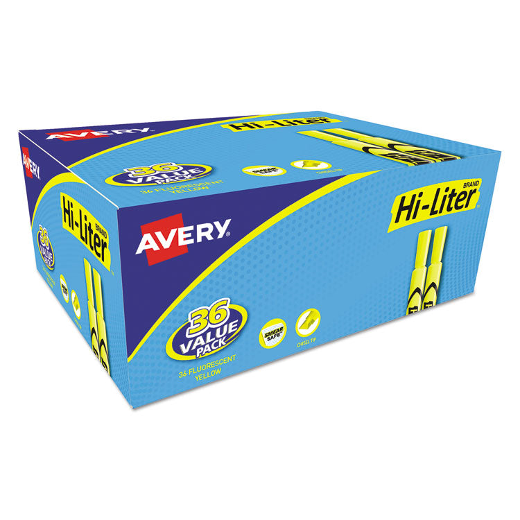 Avery - HI-LITER Desk-Style Highlighter Value Pack, Fluorescent Yellow Ink, Chisel Tip, Yellow/Black Barrel, 36/Box