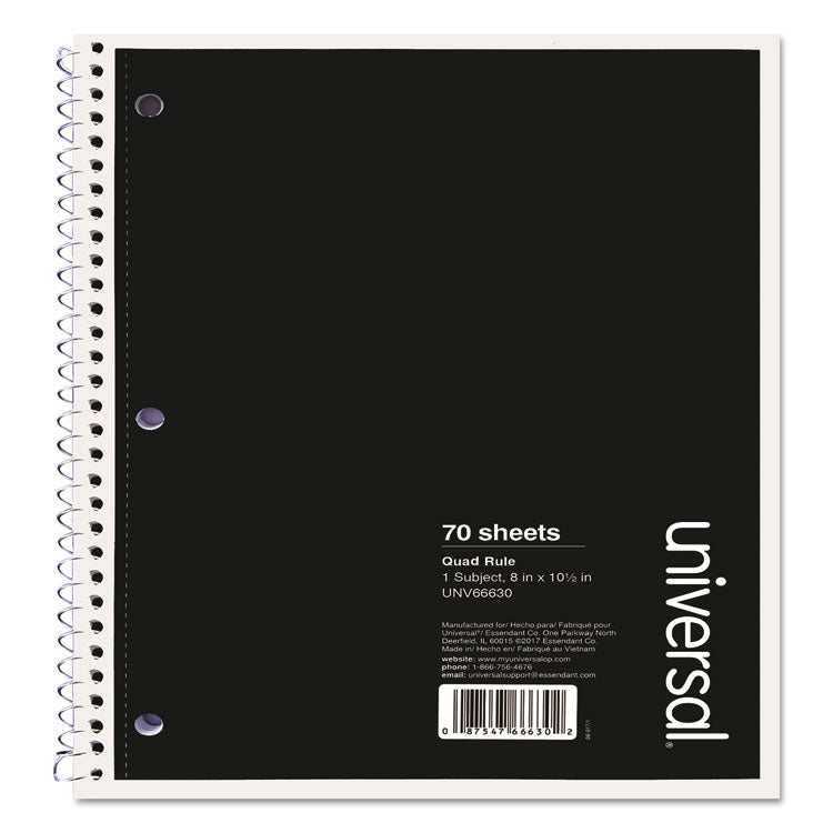 Universal - Wirebound Notebook, 1-Subject, Quadrille Rule (4 sq/in), Black Cover, (70) 10.5 x 8 Sheets