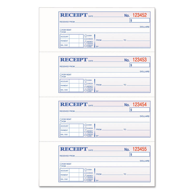 Adams - TOPS 3-Part Hardbound Receipt Book, Three-Part Carbonless, 7 x 2.75, 4 Forms/Sheet, 200 Forms Total