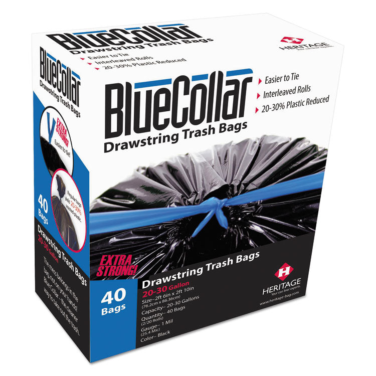 BlueCollar - Drawstring Trash Bags, 30 gal, 1 mil, 30" x 34", Black, 40/Box