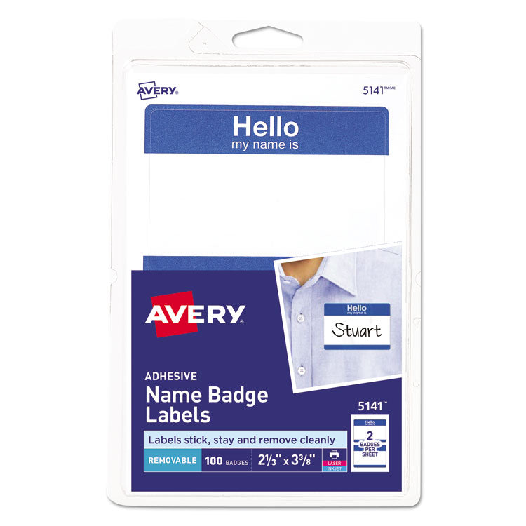 Avery - Printable Adhesive Name Badges, 3.38 x 2.33, Blue "Hello", 100/Pack