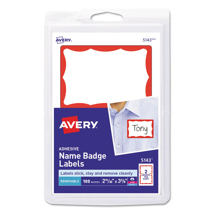 Avery - Printable Adhesive Name Badges, 3.38 x 2.33, Red Border, 100/Pack